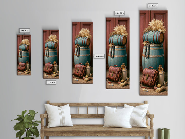Whiskey Barrel and Leather Still Life Framed Canvas Print, Rustic Art, Art Print, Farmhouse Decor, Watercolor Art, Rustic, RUS-1x3-31