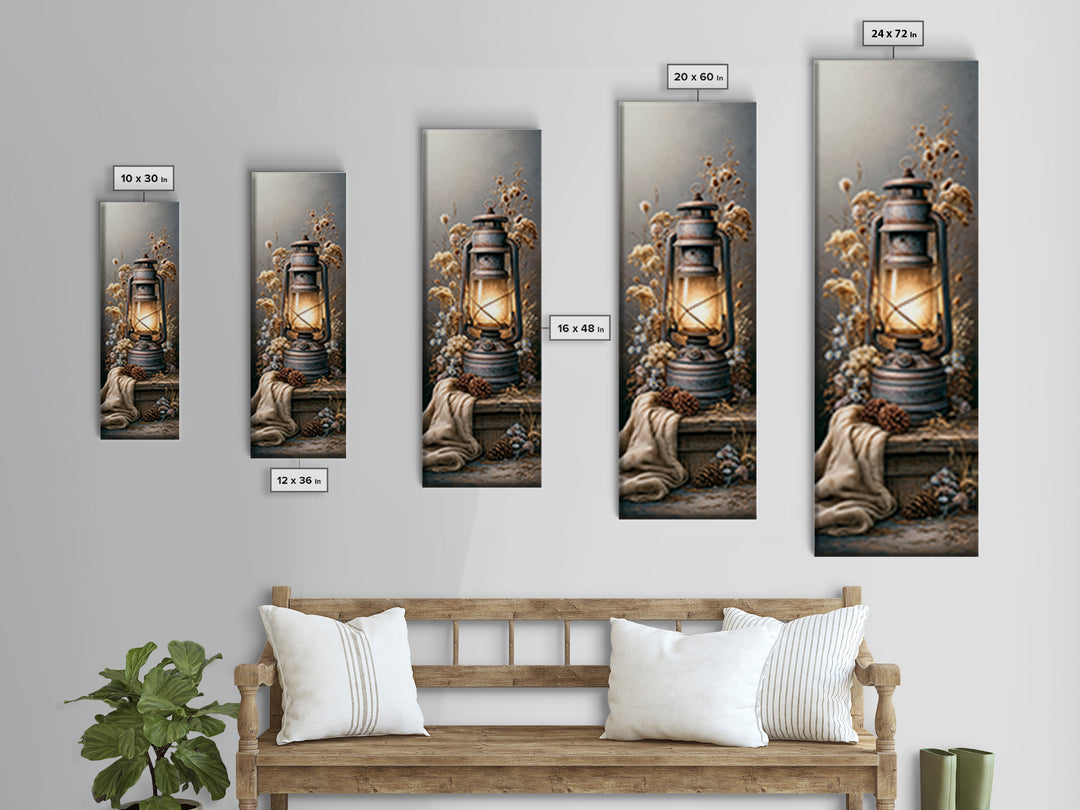 Rustic Lantern Glowing Beside Pinecones Canvas Print, Rustic Art, Digital Prints, Farmhouse Decor, Rustic, 3d Wall Art, RUS-1x3-40