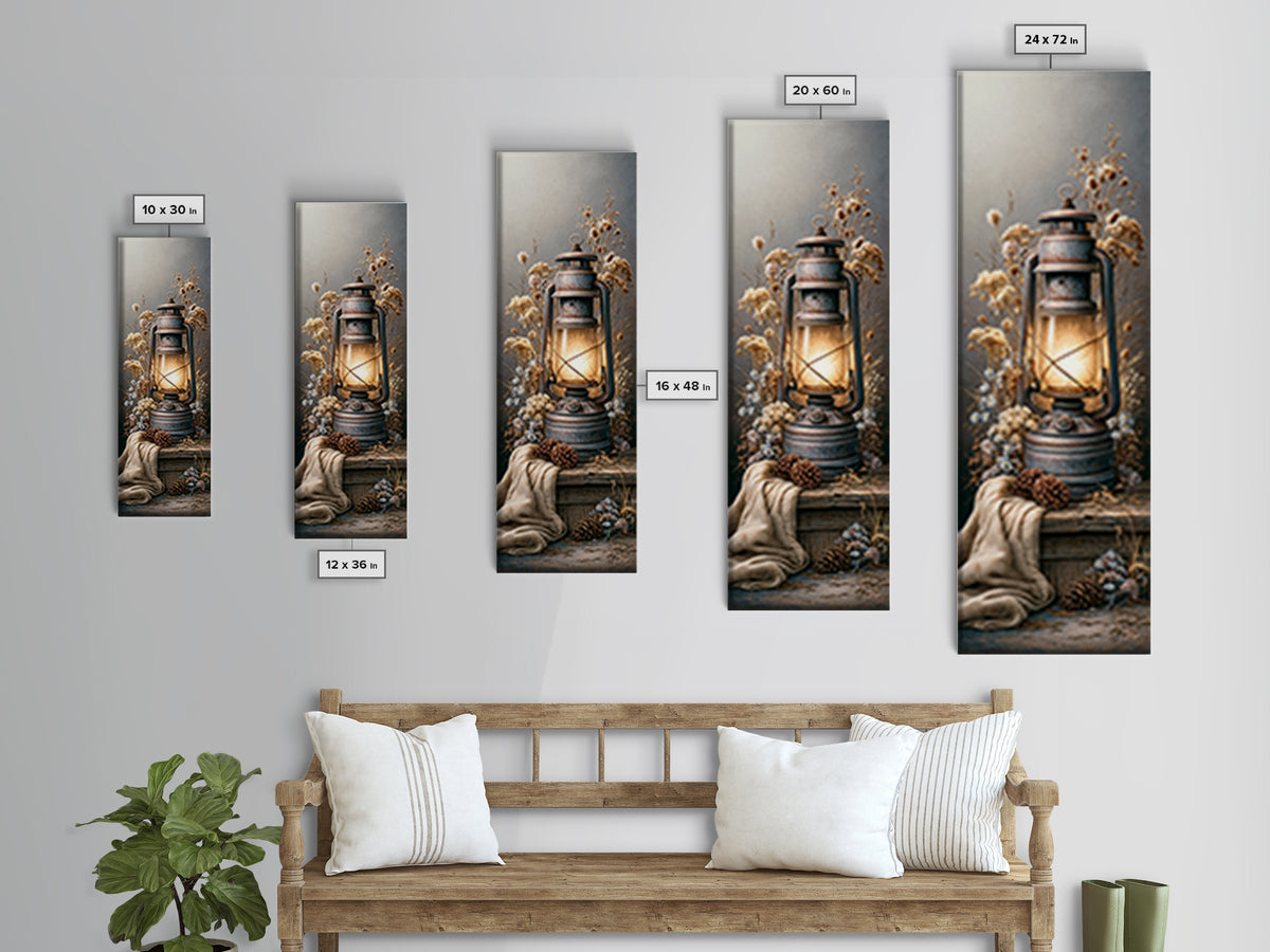 Rustic Lantern Glowing Beside Pinecones Canvas Print, Rustic Art, Digital Prints, Farmhouse Decor, Rustic, 3d Wall Art, RUS-1x3-40