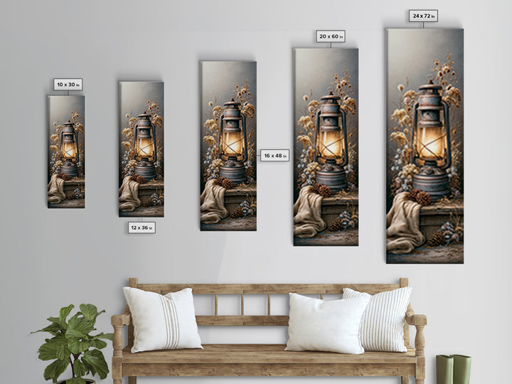 Rustic Lantern Glowing Beside Pinecones Canvas Print, Rustic Art, Digital Prints, Farmhouse Decor, Rustic, 3d Wall Art, RUS-1x3-40