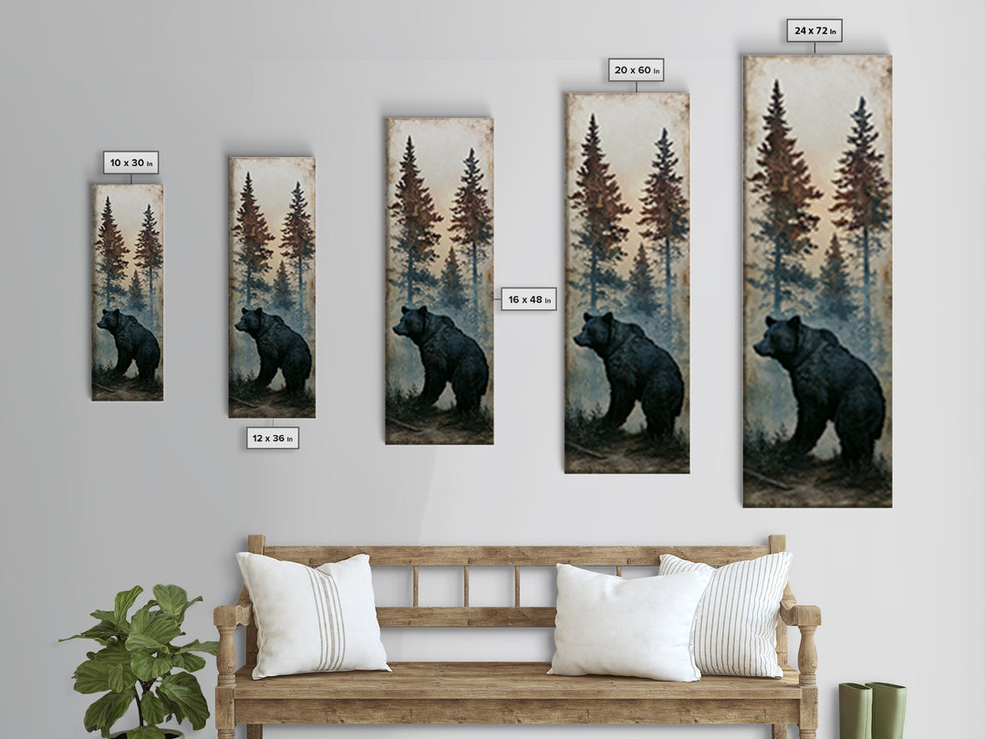 Bear Silhouette Among Pine Trees Canvas Print, Rustic Art, Oil Painting, Farmhouse Decor, Fine Art, Rustic, Modern Art, RUS-1x3-43