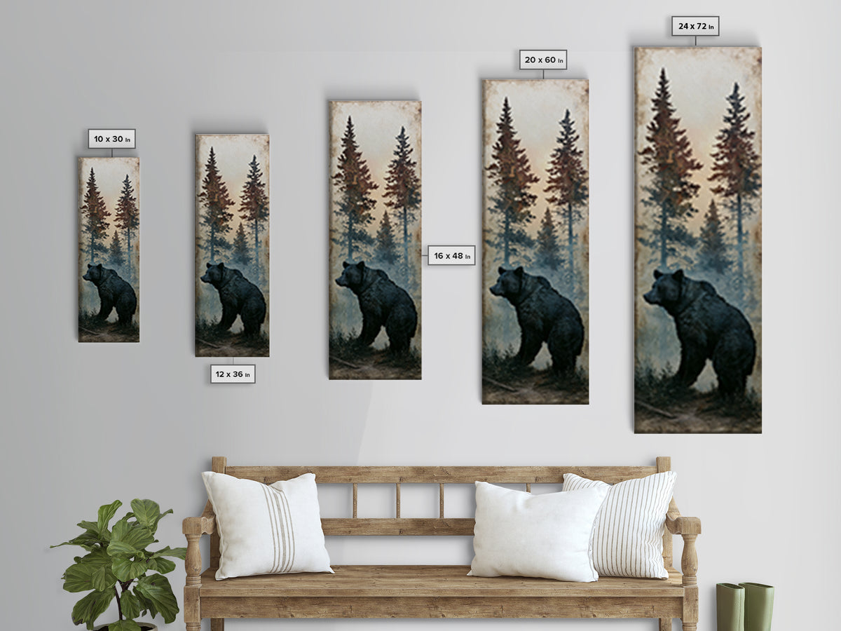Bear Silhouette Among Pine Trees Canvas Print, Rustic Art, Oil Painting, Farmhouse Decor, Fine Art, Rustic, Modern Art, RUS-1x3-43