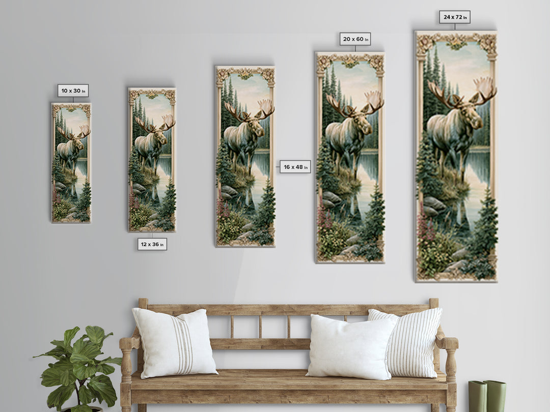 Moose Standing by a Quiet Lake Framed Canvas Print, Rustic Art, Boho Decor, Farmhouse Decor, Fine Art, Rustic, Art Print, RUS-1x3-45
