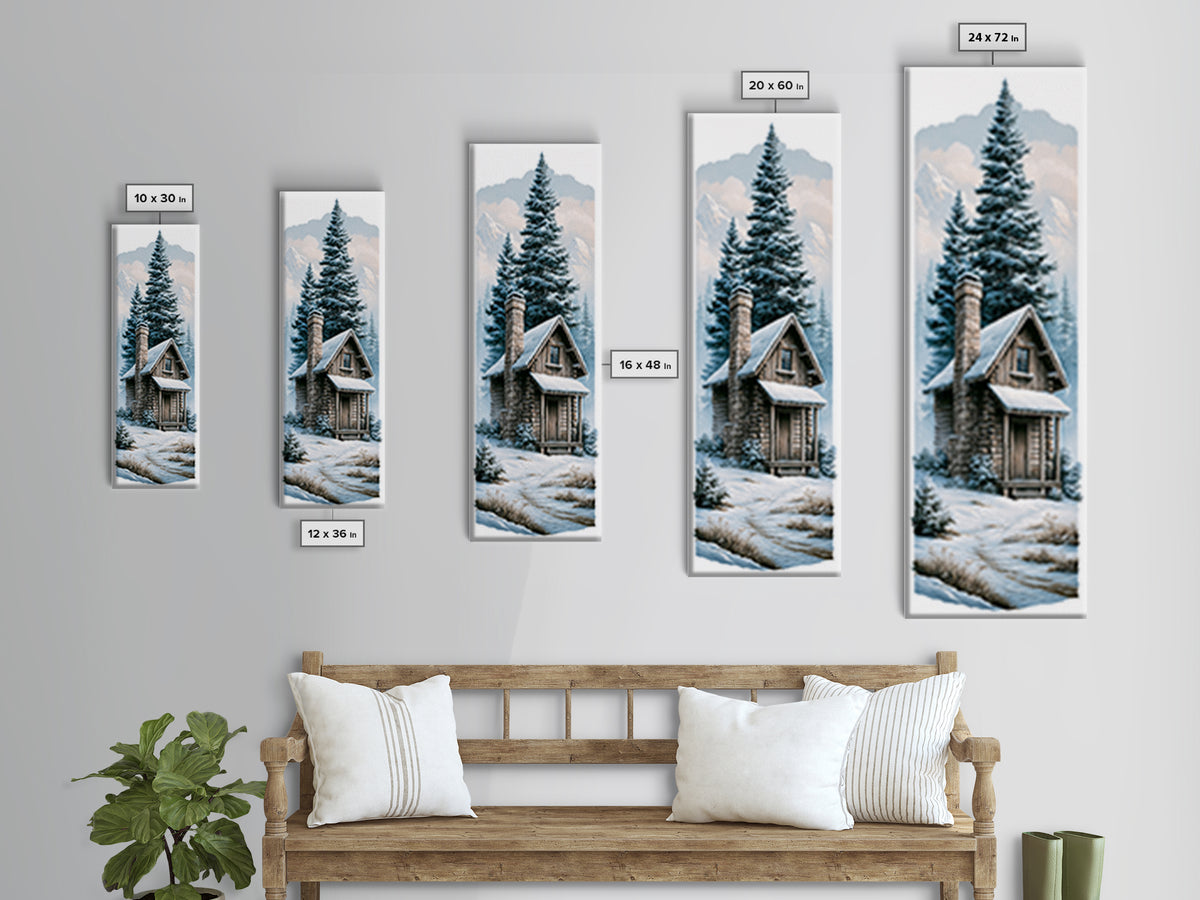 Log Cabin with Snowy Pines Canvas Print, Rustic Art, Boho Wall Art, Farmhouse Decor, Abstract Art, Rustic, Downloadable Art, RUS-1x3-51