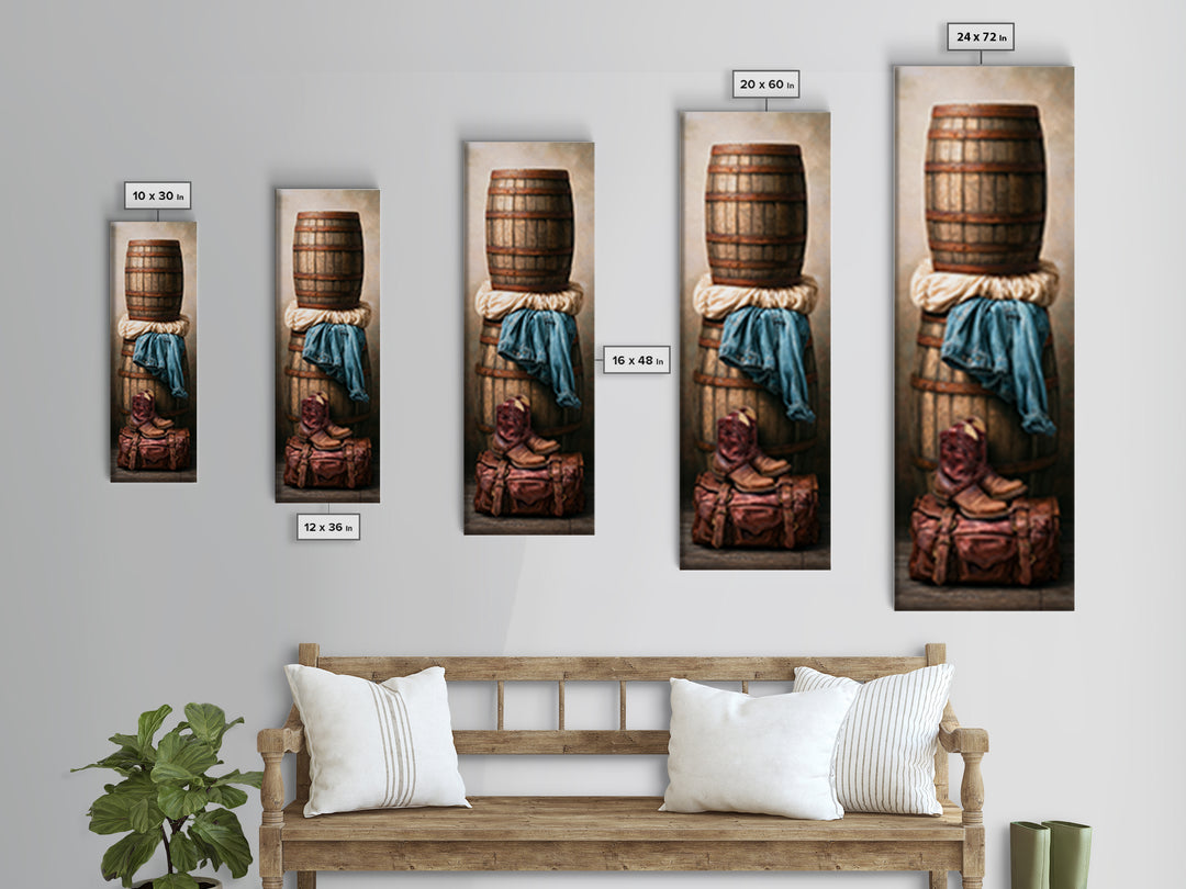 Whiskey Barrel and Leather Still Life Canvas Print, Rustic Art, Printable Art, Farmhouse Decor, Oil Painting, Rustic, RUS-1x3-55
