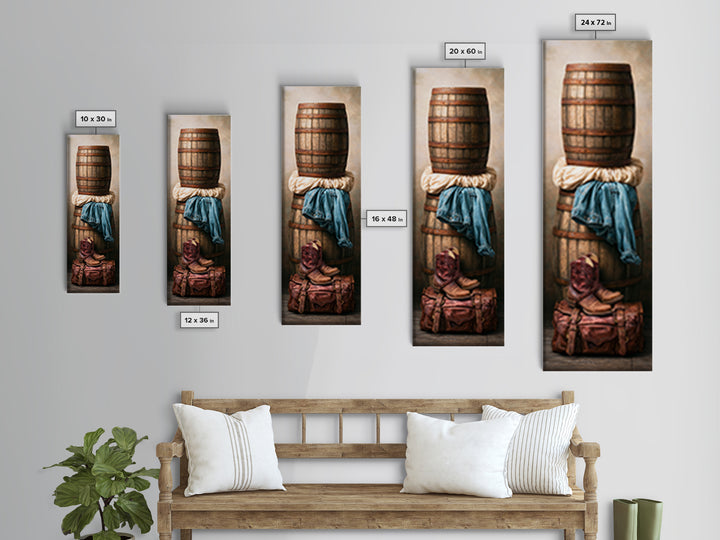 Whiskey Barrel and Leather Still Life Canvas Print, Rustic Art, Printable Art, Farmhouse Decor, Oil Painting, Rustic, RUS-1x3-55