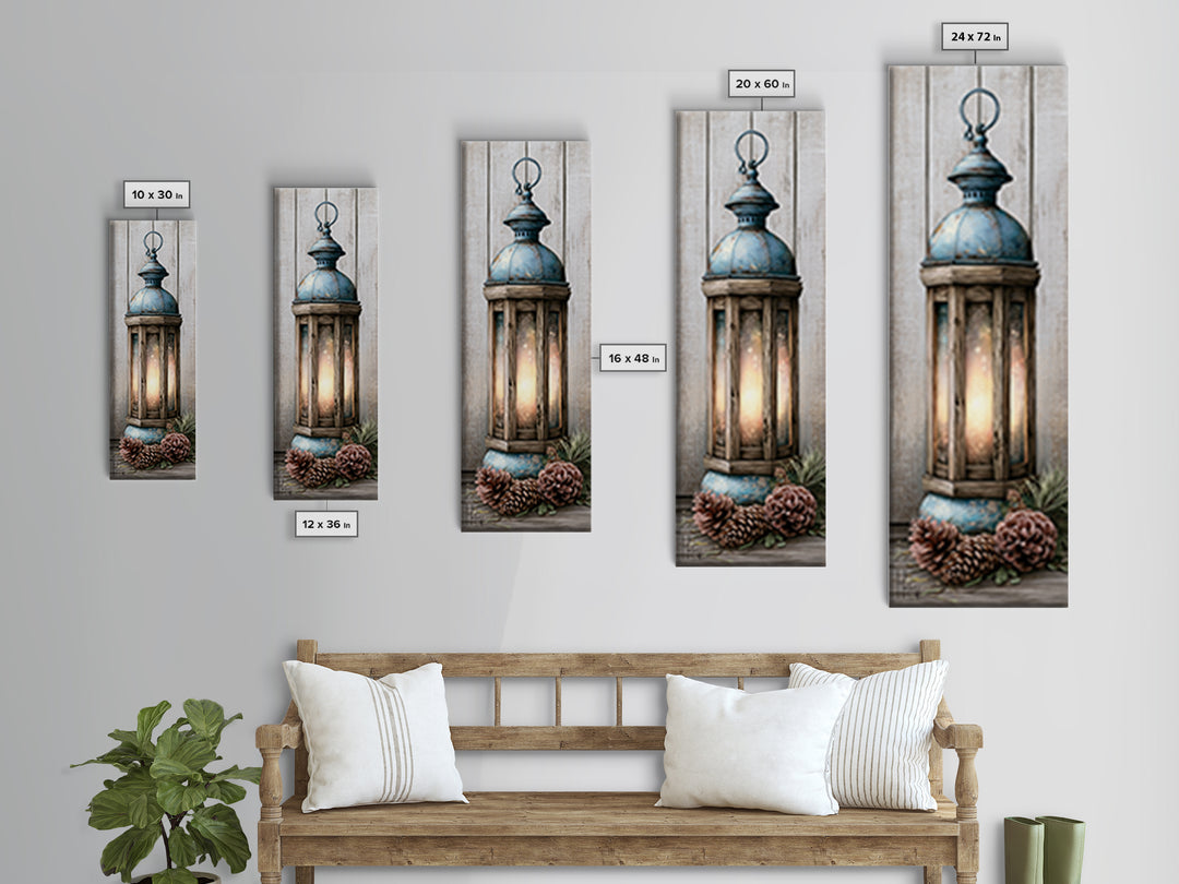 Rustic Lantern Glowing Beside Pinecones Framed Canvas Print, Rustic Art, Wood Wall Art, Farmhouse Decor, Fine Art, Rustic, RUS-1x3-64