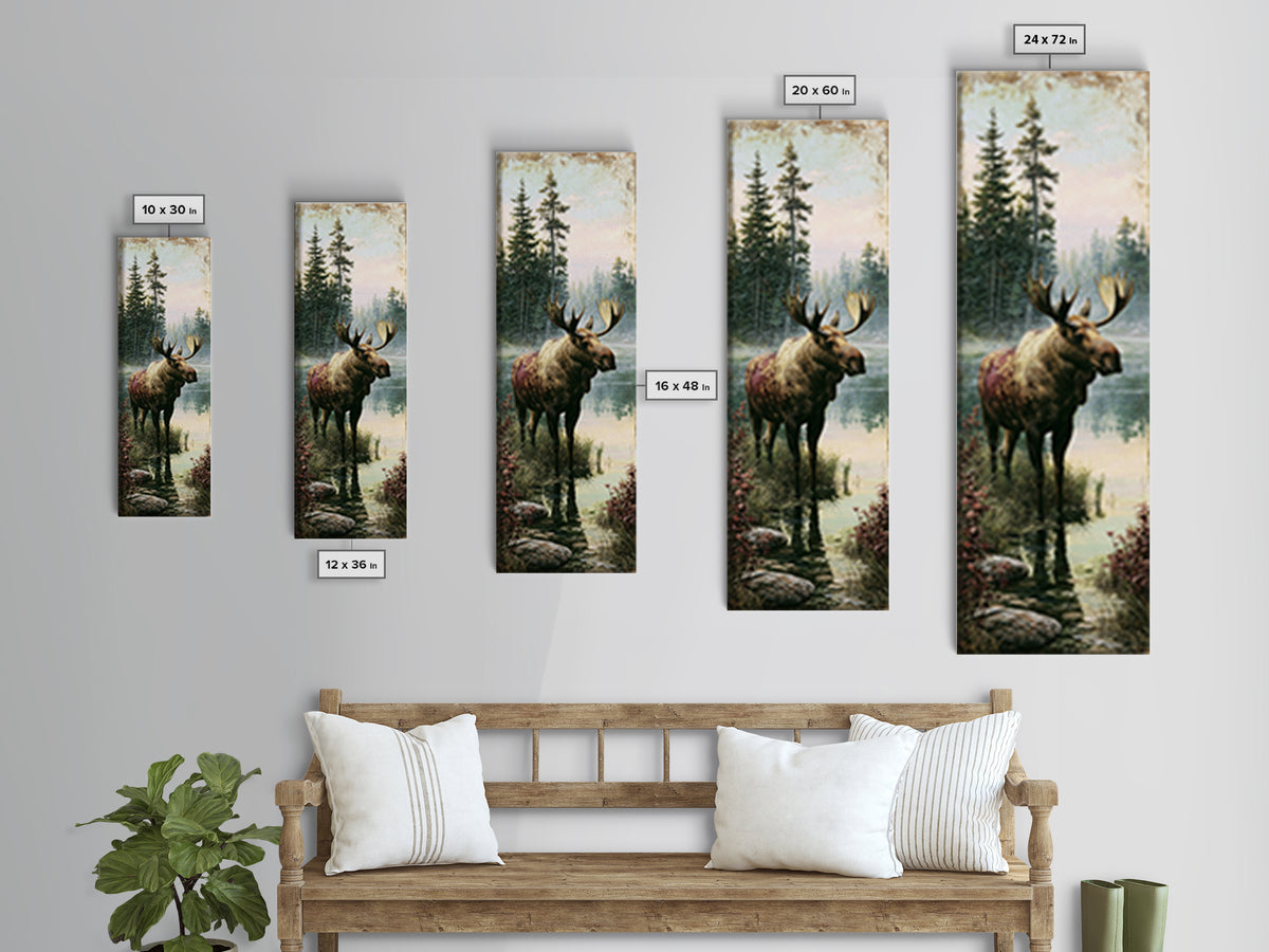 Moose Standing by a Quiet Lake Framed Canvas Print, Rustic Art, Boho Decor, Farmhouse Decor, Fine Art, Rustic, Art Print, RUS-1x3-69