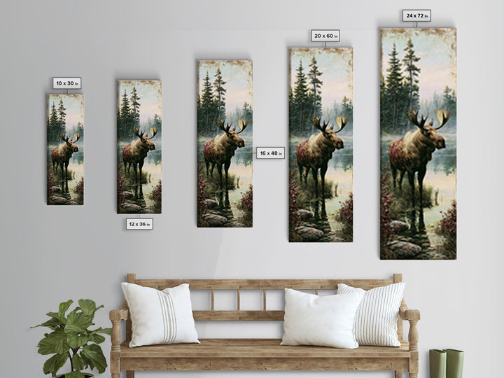 Moose Standing by a Quiet Lake Framed Canvas Print, Rustic Art, Boho Decor, Farmhouse Decor, Fine Art, Rustic, Art Print, RUS-1x3-69
