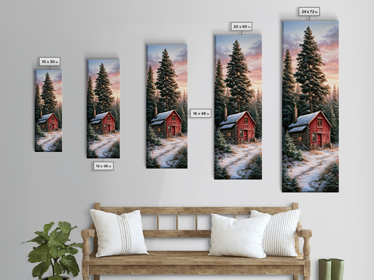 Log Cabin with Snowy Pines Framed Canvas Print, Rustic Art, Landscape Painting, Farmhouse Decor, Fine Art, Rustic, Modern Decor, RUS-1x3-75