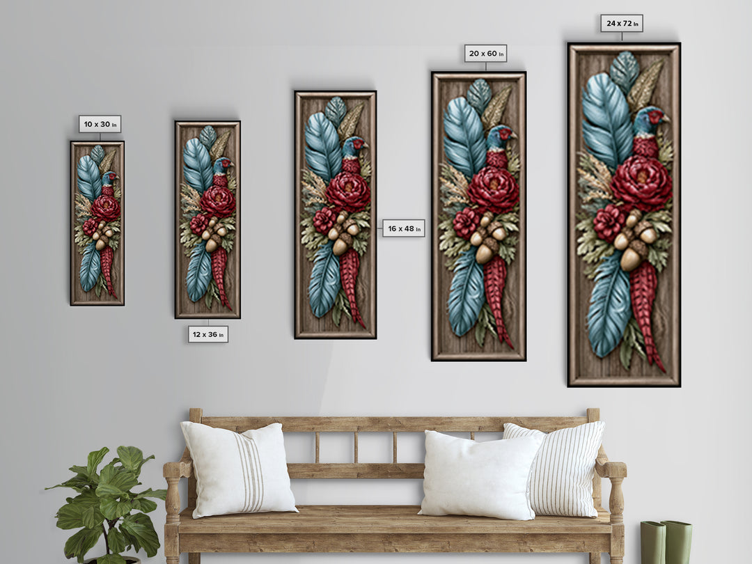 Pheasant Feathers and Acorns Arrangement Framed Canvas Print, Rustic Art, Farmhouse Decor, Oil Painting, Rustic, RUS-1x3-76