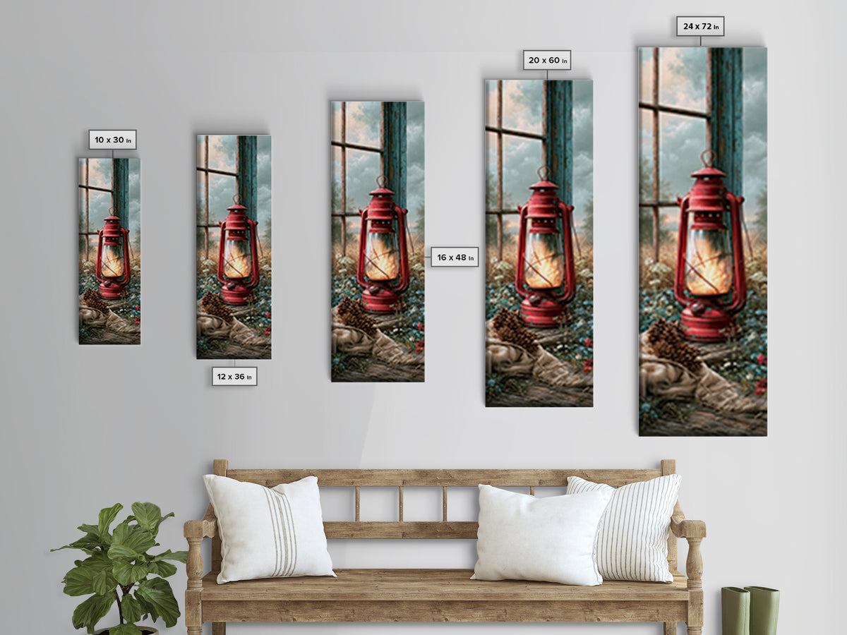 Rustic Lantern Glowing Beside Pinecones Canvas Print, Rustic Art, Boho Wall Art, Farmhouse Decor, Rustic, Downloadable Art, RUS-1x3-88