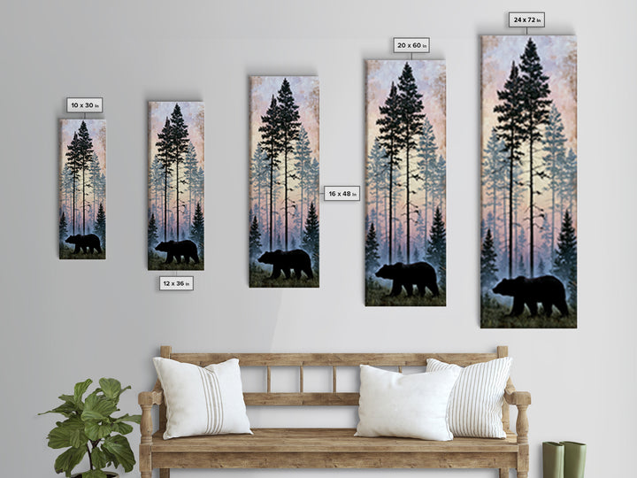 Bear Silhouette Among Pine Trees Framed Canvas Print, Rustic Art, Gallery Wall Art, Farmhouse Decor, Oil Painting, Rustic, RUS-1x3-91