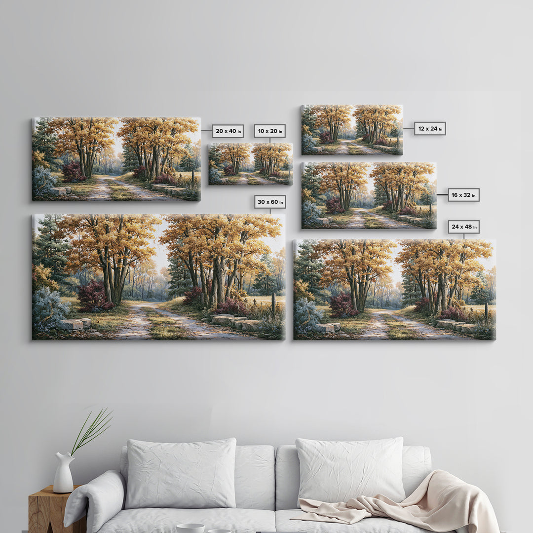 Forest Path with Golden Autumn Leaves Framed Canvas Print, Rustic Art, Modern Decor, Farmhouse Decor, Fine Art, Rustic, RUS-2x1-14