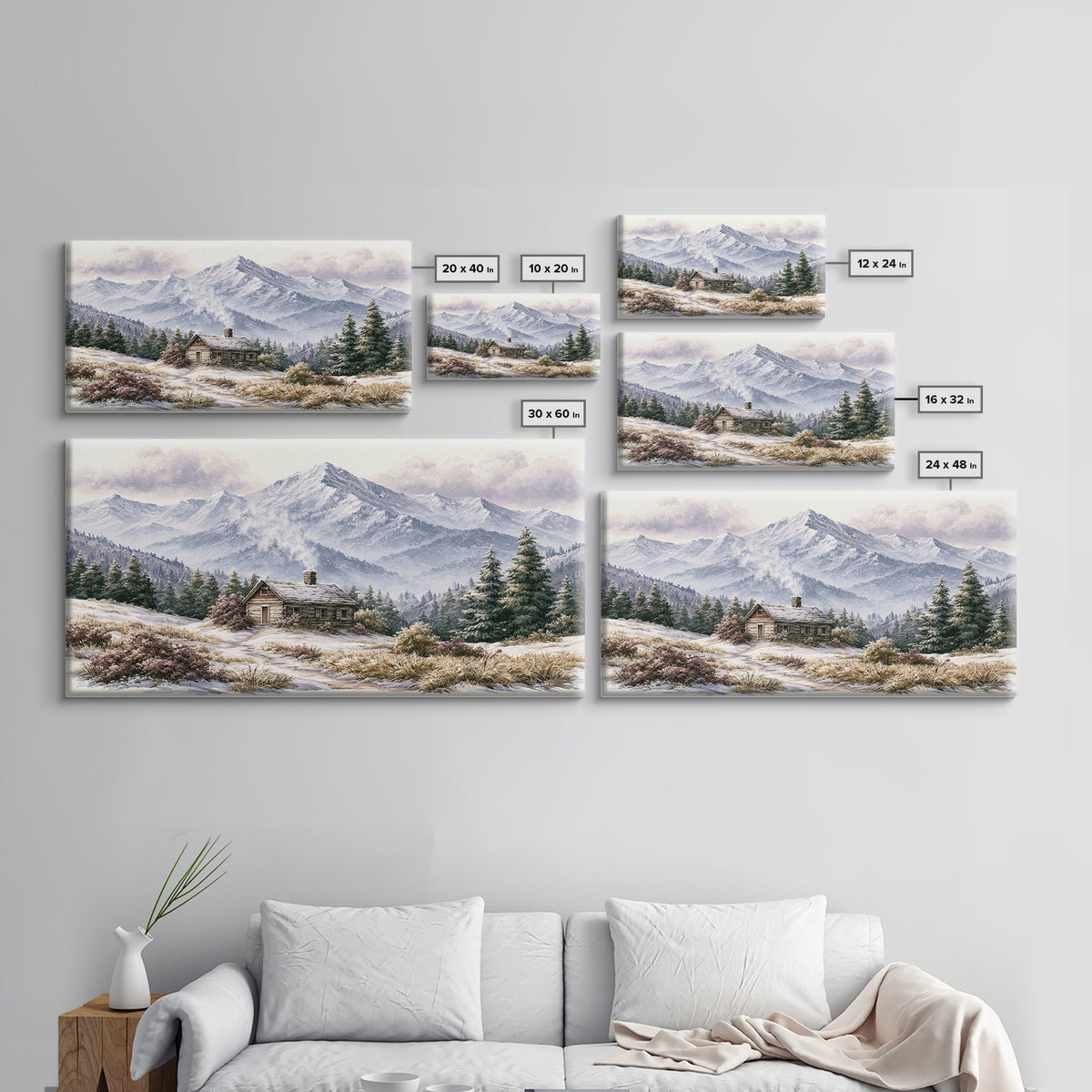 Winter Mountain Scene Framed Canvas Print, Rustic Art, Landscape Wall Art, Farmhouse Decor, Fine Art, Rustic, Luxury Decor, RUS-2x1-19