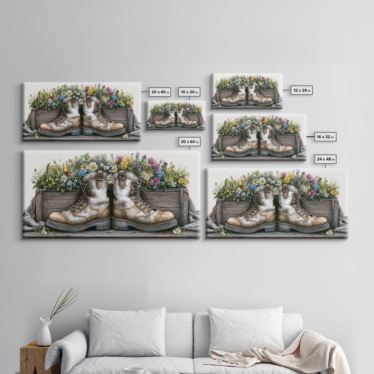 Old Boots Filled Canvas Print, Rustic Art, Boho Decor, Farmhouse Decor, Fine Art, Rustic, Art Print, Digital Art, RUS-2x1-26
