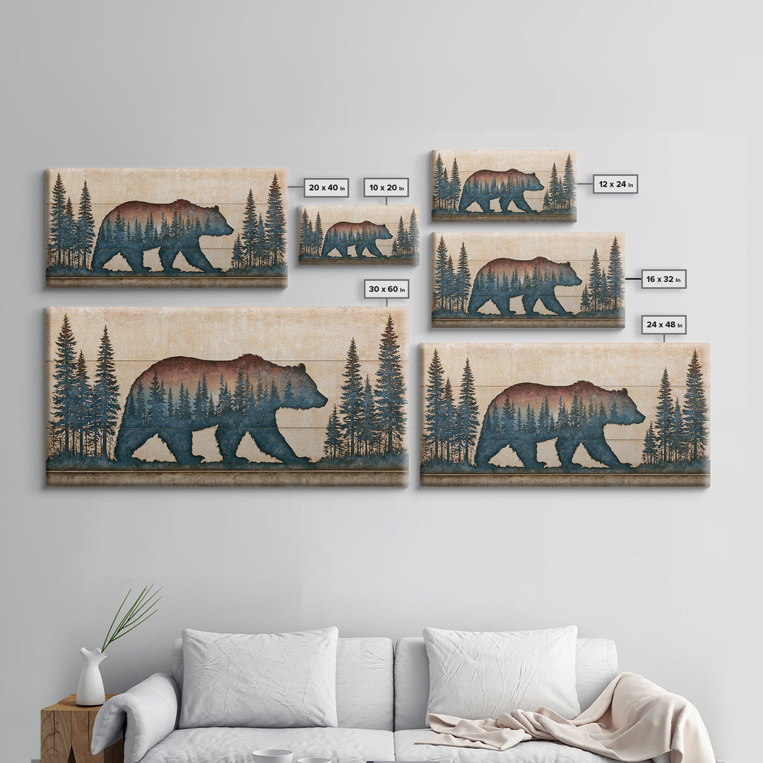 Bear Silhouette Among Pine Trees Framed Canvas Print, Rustic Art, Modern Decor, Farmhouse Decor, Oil Painting, Rustic, RUS-2x1-27