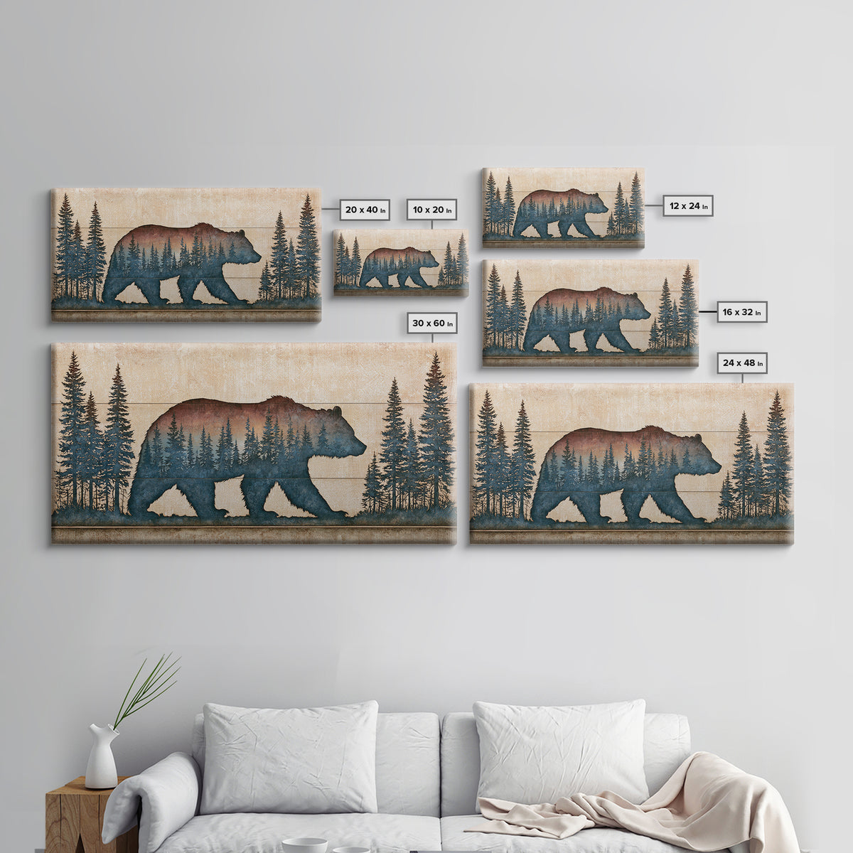 Bear Silhouette Among Pine Trees Framed Canvas Print, Rustic Art, Modern Decor, Farmhouse Decor, Oil Painting, Rustic, RUS-2x1-27