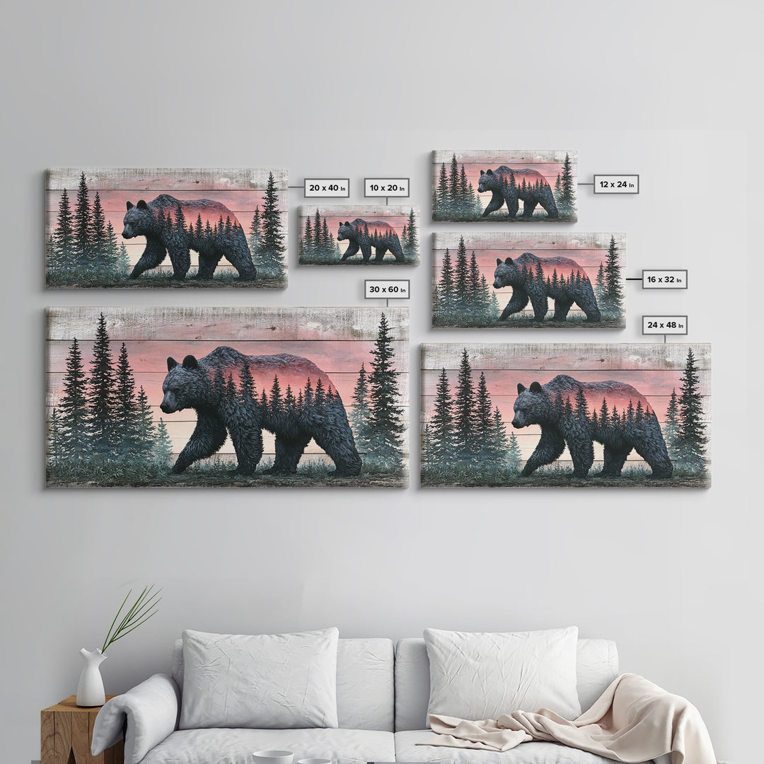 Bear Silhouette Among Pine Trees Framed Canvas Print, Rustic Art, Printable Art, Farmhouse Decor, Rustic, Farmhouse Wall Art, RUS-2x1-3