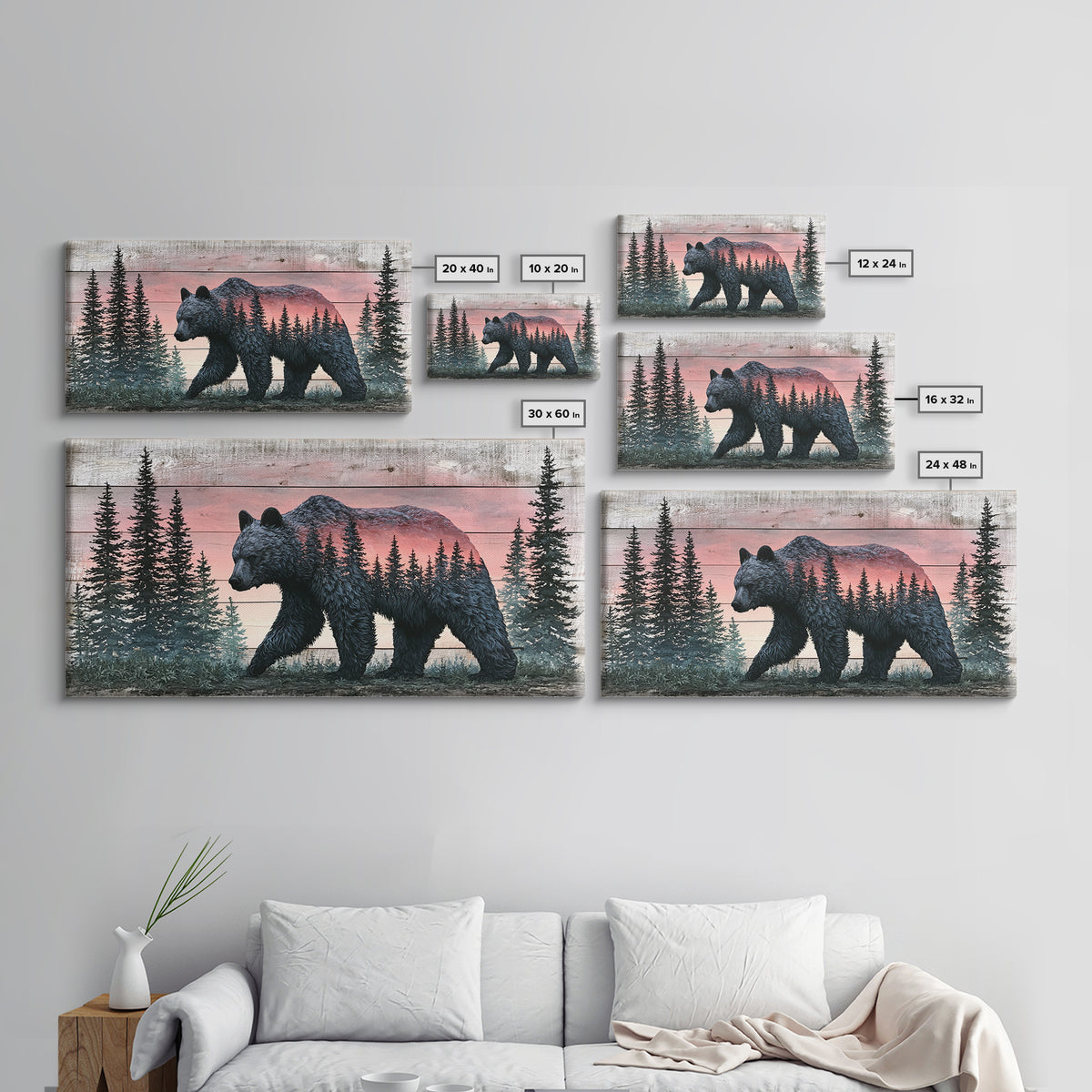 Bear Silhouette Among Pine Trees Framed Canvas Print, Rustic Art, Printable Art, Farmhouse Decor, Rustic, Farmhouse Wall Art, RUS-2x1-3