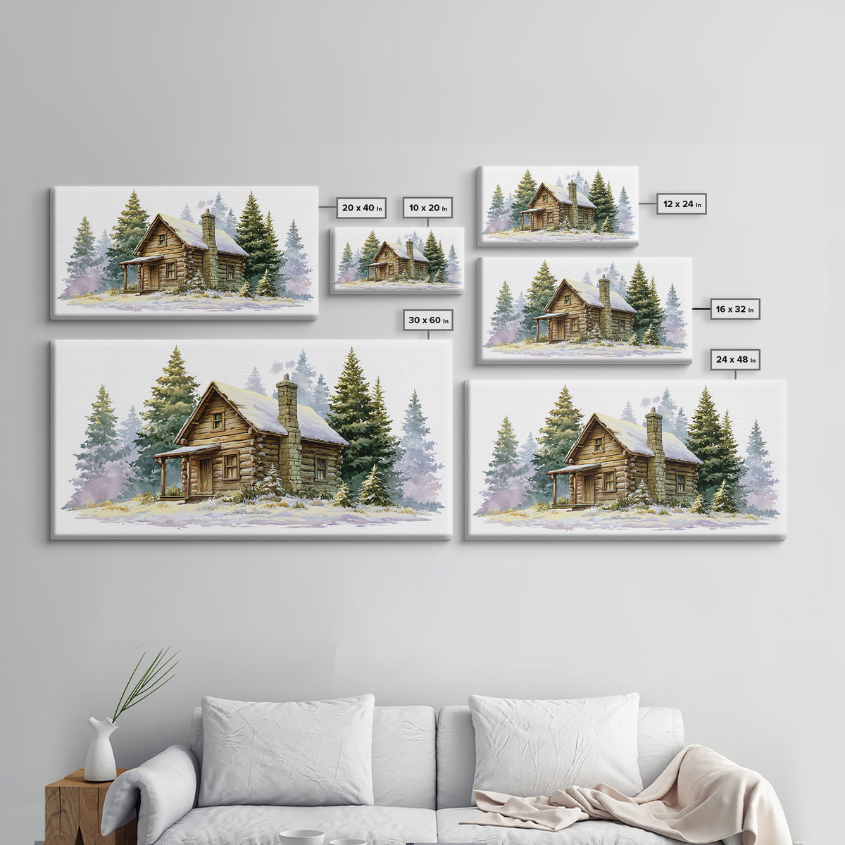 Log Cabin with Snowy Pines Framed Canvas Print, Rustic Art, Farmhouse Decor, Oil Painting, Rustic, Wood Wall Art, RUS-2x1-35