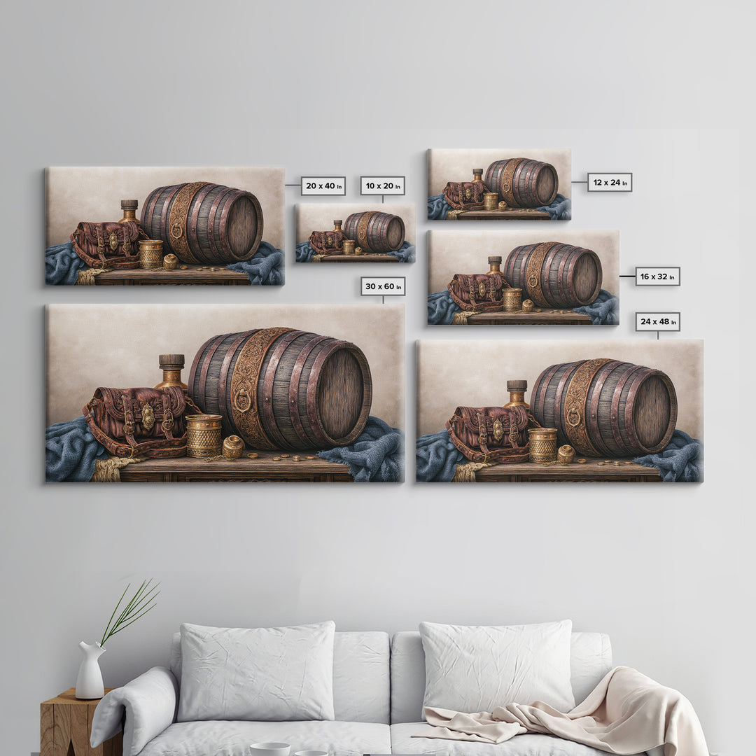 Whiskey Barrel and Leather Still Life Canvas Print, Rustic Art, Digital Prints, Farmhouse Decor, Oil Painting, Rustic, RUS-2x1-39