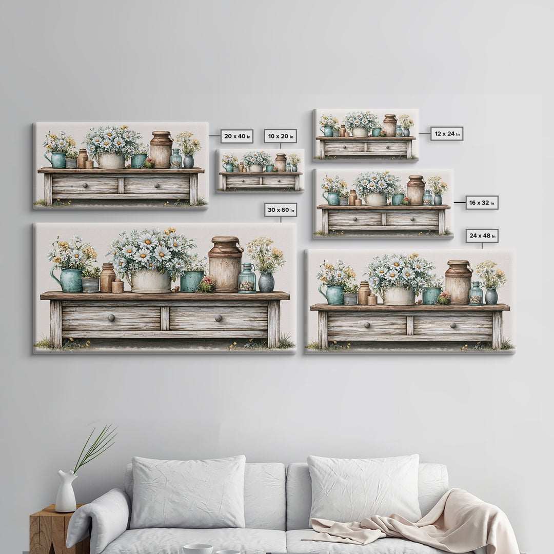 Weathered Barn Wood and Wildflower Still Life Framed Canvas Print, Rustic Art, Digital Art, Farmhouse Decor, Oil Painting, RUS-2x1-45