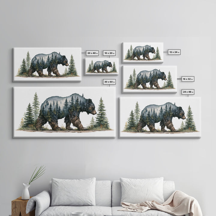 Bear Silhouette Among Pine Trees Framed Canvas Print, Rustic Art, Farmhouse Decor, Watercolor Art, Rustic, Gallery Wall Art, RUS-2x1-51