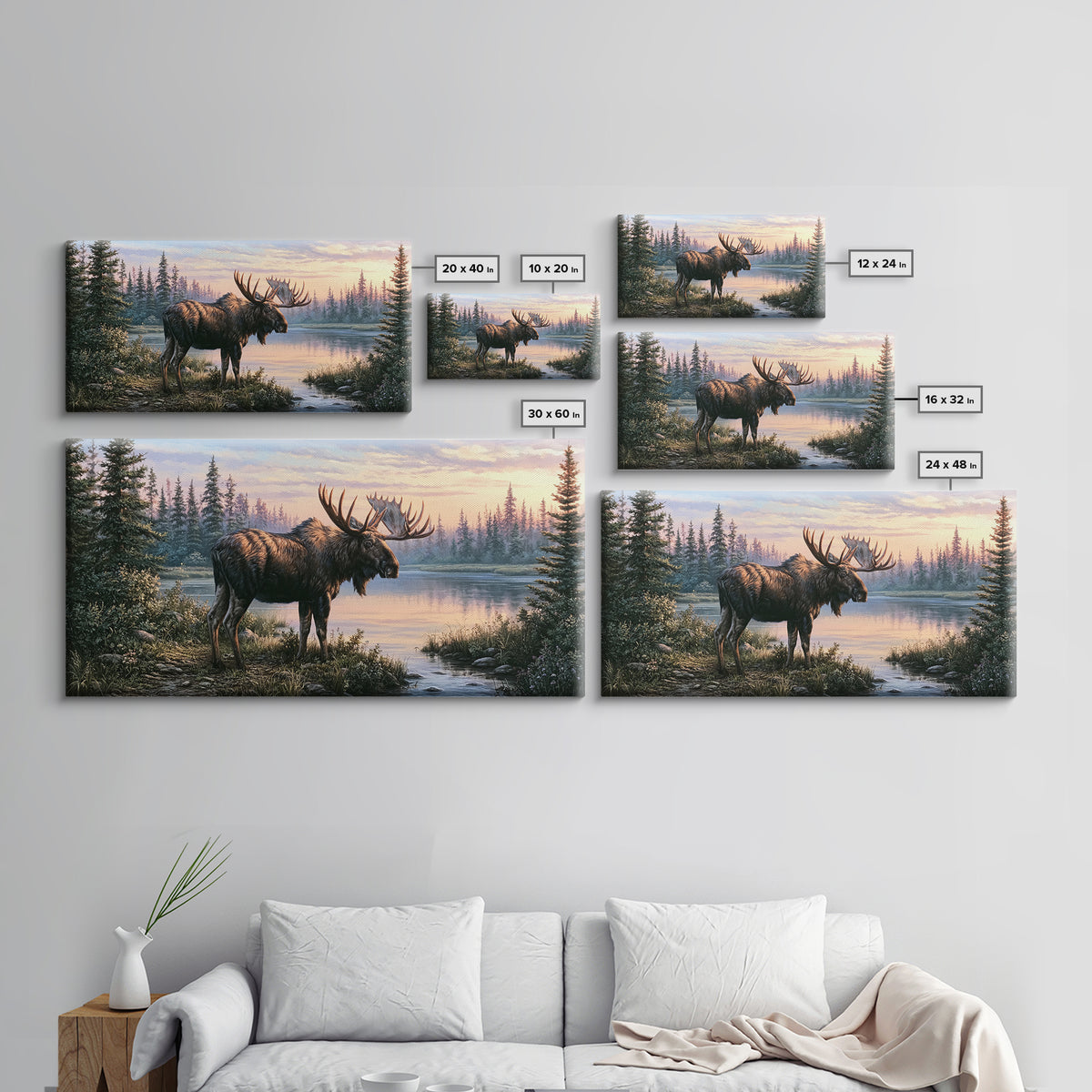 Moose Standing by a Quiet Lake Canvas Print, Rustic Art, Oil Painting, Farmhouse Decor, Fine Art, Rustic, Modern Art, RUS-2x1-53