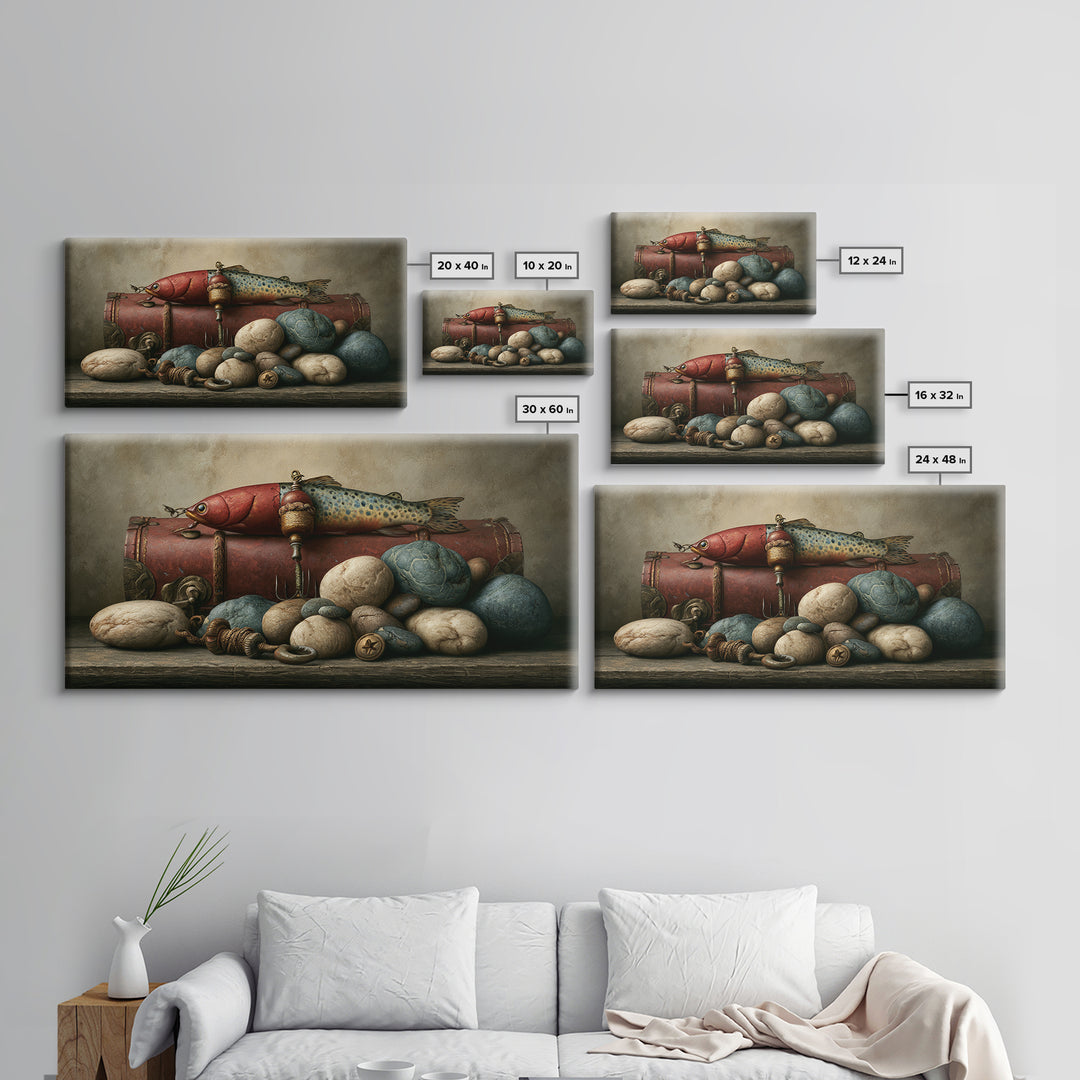 Trout Fishing Lure and River Stones Canvas Print, Rustic Art, Wall Art, Farmhouse Decor, Fine Art, Rustic, Living Room Decor, RUS-2x1-58