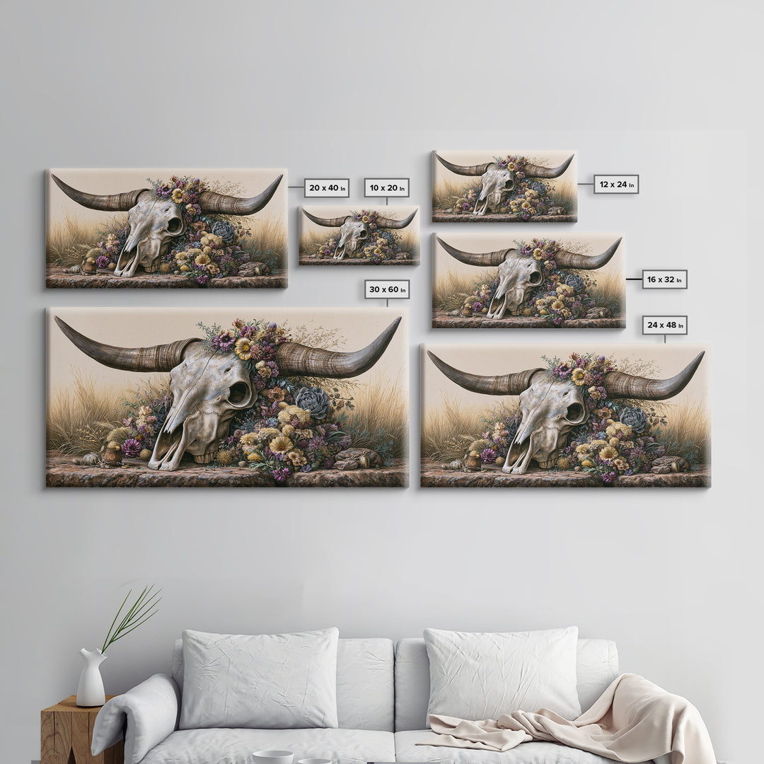 Cow Skull with Desert Flowers Canvas Print, Rustic Art, Digital Prints, Farmhouse Decor, Fine Art, Rustic, 3d Wall Art, RUS-2x1-61