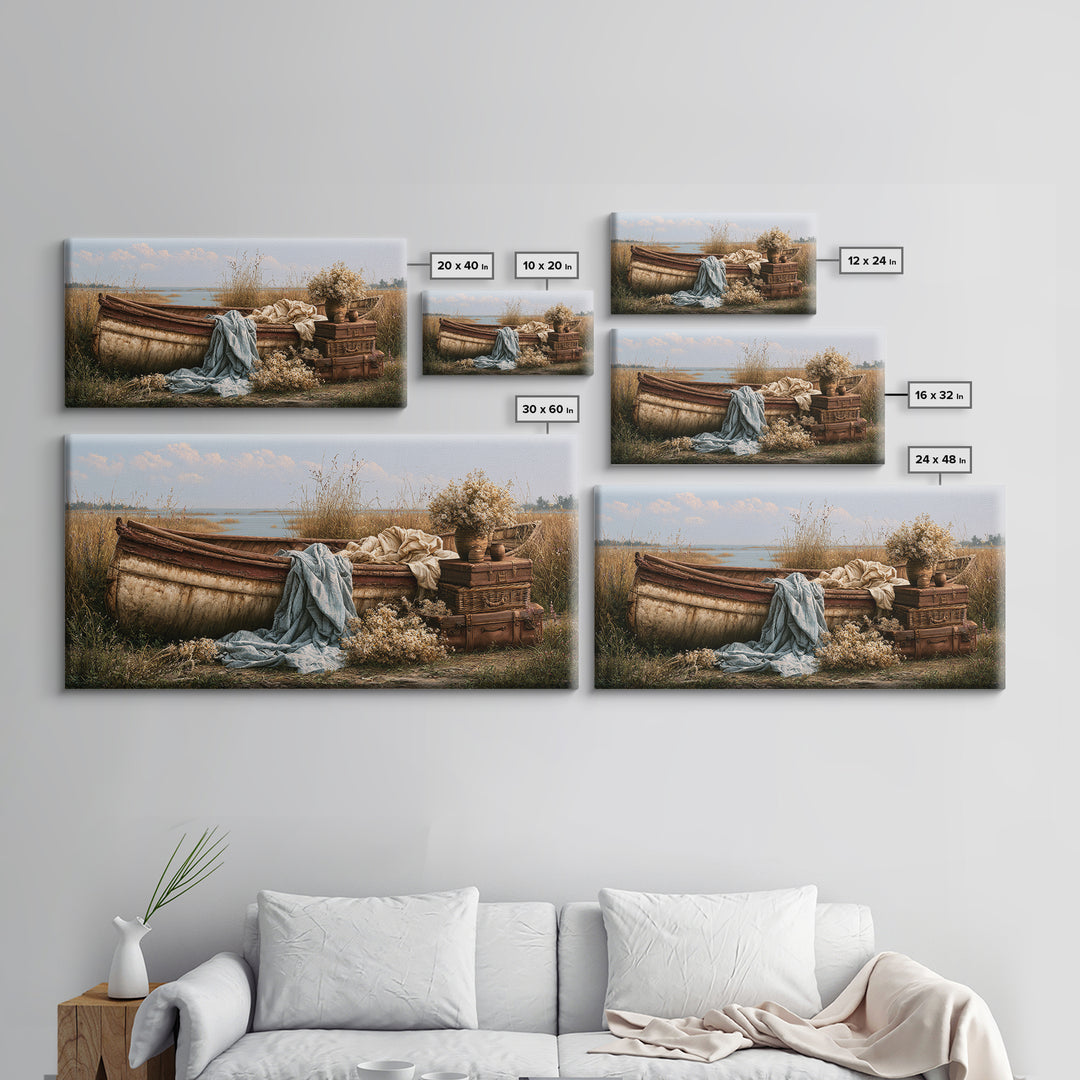 Old Canoe Pulled Onto a Lake Shore Canvas Print, Rustic Art, Printable Wall Art, Farmhouse Decor, Oil Painting, Rustic, RUS-2x1-64