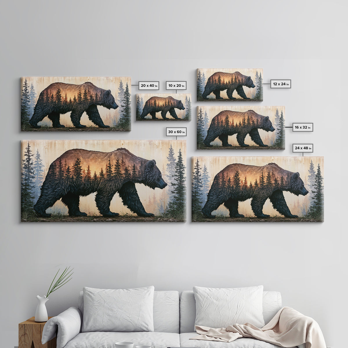 Bear Silhouette Among Pine Trees Framed Canvas Print, Rustic Art, Statement Artwork, Farmhouse Decor, Fine Art, Rustic, RUS-2x1-75