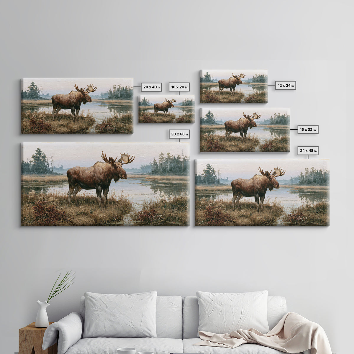 Moose Standing by a Quiet Lake Canvas Print, Rustic Art, Oil Painting, Farmhouse Decor, Fine Art, Rustic, Modern Art, RUS-2x1-77