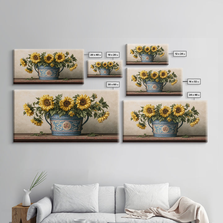 Sunflowers in a Metal Bucket Framed Canvas Print, Rustic Art, 3d Wall Art, Farmhouse Decor, Oil Painting, Rustic, RUS-2x1-80