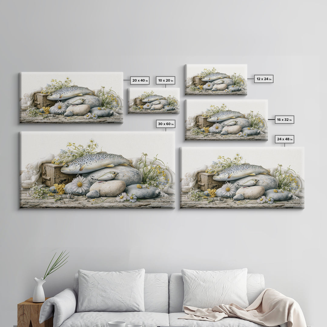Trout Fishing Lure and River Stones Canvas Print, Rustic Art, Wall Art, Farmhouse Decor, Fine Art, Rustic, Living Room Decor, RUS-2x1-82