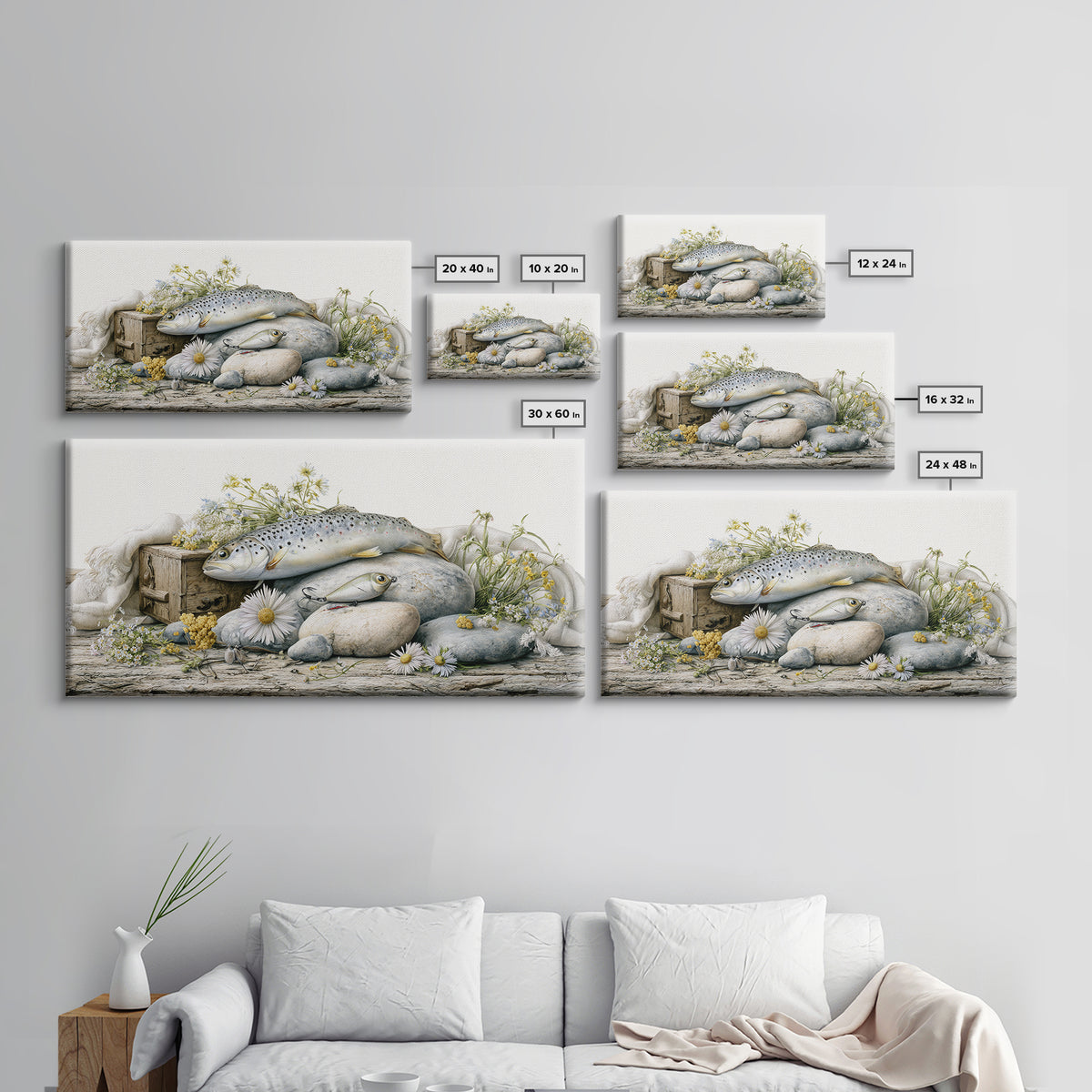 Trout Fishing Lure and River Stones Canvas Print, Rustic Art, Wall Art, Farmhouse Decor, Fine Art, Rustic, Living Room Decor, RUS-2x1-82