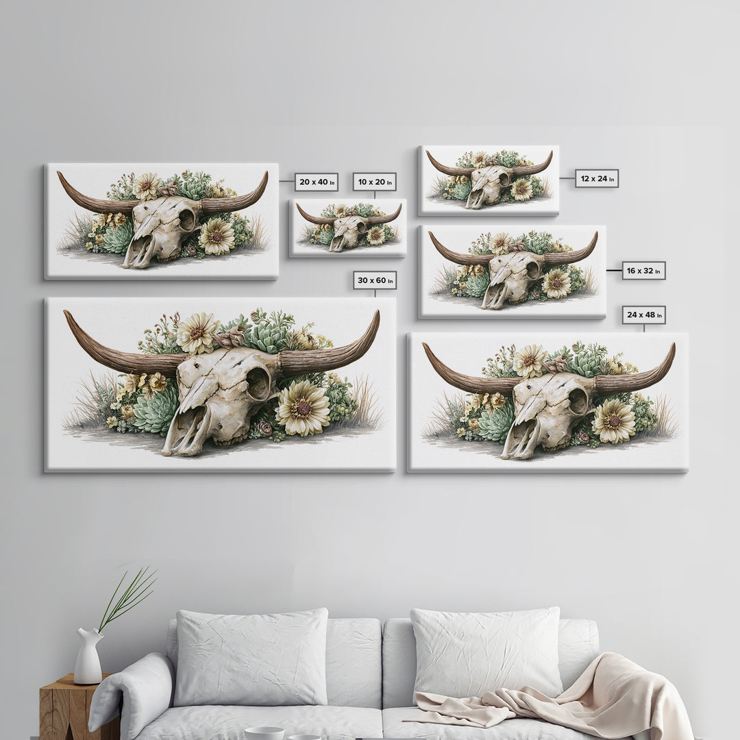 Cow Skull with Desert Flowers Framed Canvas Print, Rustic Art, Wood Wall Art, Farmhouse Decor, Rustic, Eclectic Wall Art, RUS-2x1-85