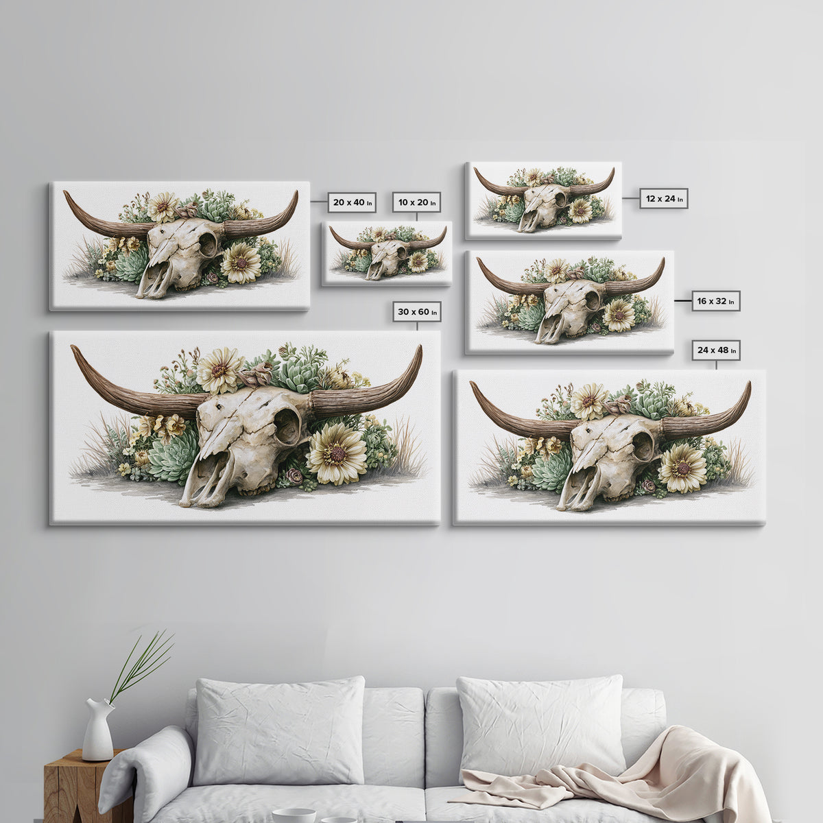 Cow Skull with Desert Flowers Framed Canvas Print, Rustic Art, Wood Wall Art, Farmhouse Decor, Rustic, Eclectic Wall Art, RUS-2x1-85