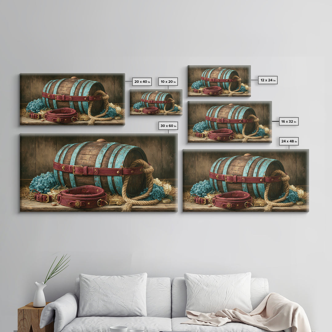 Whiskey Barrel and Leather Still Life Framed Canvas Print, Rustic Art, Landscape Painting, Farmhouse Decor, Fine Art, Rustic, RUS-2x1-87