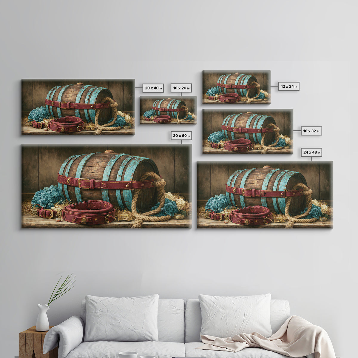 Whiskey Barrel and Leather Still Life Framed Canvas Print, Rustic Art, Landscape Painting, Farmhouse Decor, Fine Art, Rustic, RUS-2x1-87