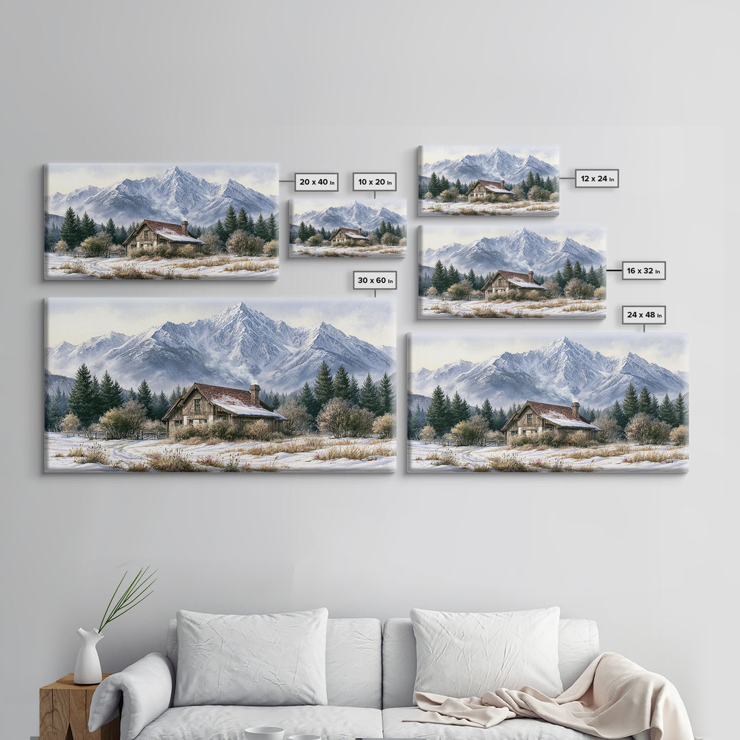Winter Mountain Scene Framed Canvas Print, Rustic Art, Printable Wall Art, Farmhouse Decor, Watercolor Art, Rustic, Wood Art, RUS-2x1-91