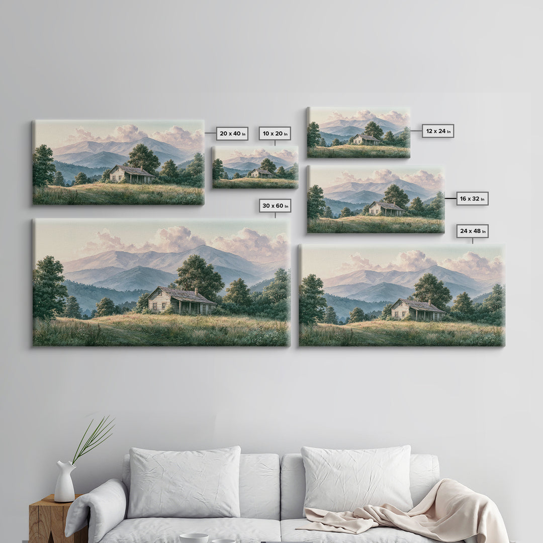Mountain Cabin Landscape Framed Canvas Print, Rustic Art, Living Room Art, Farmhouse Decor, Oil Painting, Rustic, RUS-2x1-95