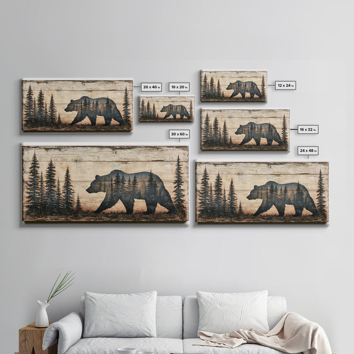 Bear Silhouette Among Pine Trees Framed Canvas Print, Rustic Art, Abstract Wall Art, Farmhouse Decor, Fine Art, Rustic, RUS-2x1-99