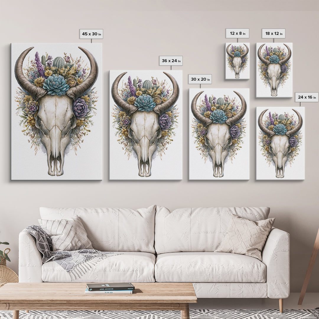 Cow Skull with Desert Flowers Framed Canvas Print, Rustic Art, Wall Art, Farmhouse Decor, Oil Painting, Rustic, RUS-2x3-1