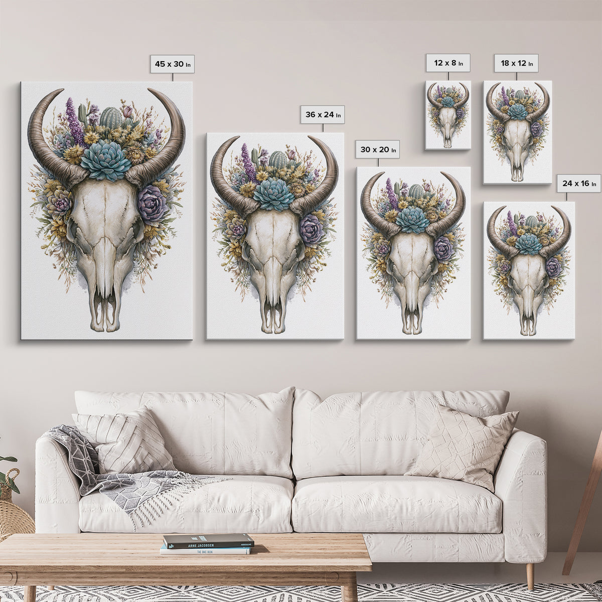 Cow Skull with Desert Flowers Framed Canvas Print, Rustic Art, Wall Art, Farmhouse Decor, Oil Painting, Rustic, RUS-2x3-1