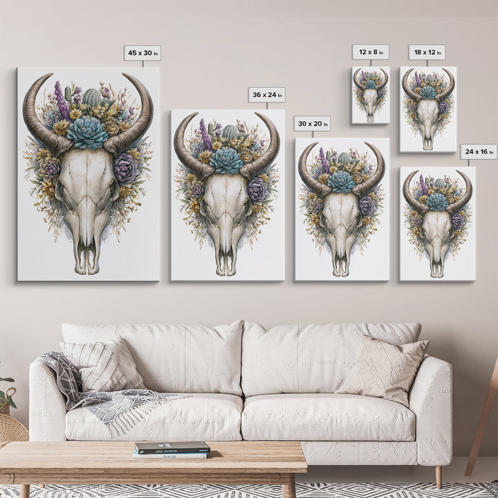 Cow Skull with Desert Flowers Framed Canvas Print, Rustic Art, Wall Art, Farmhouse Decor, Oil Painting, Rustic, RUS-2x3-1