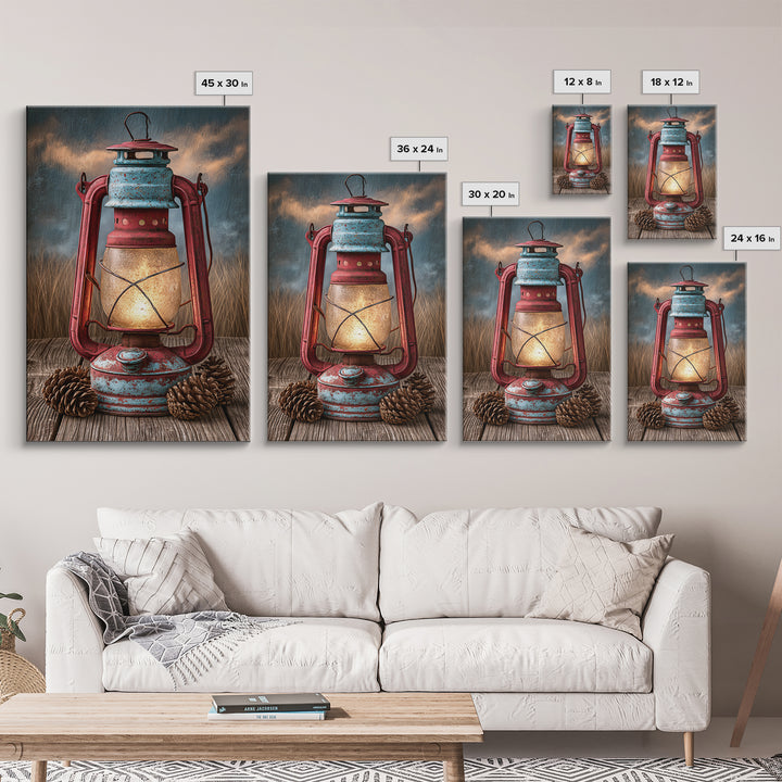 Rustic Lantern Glowing Beside Pinecones Framed Canvas Print, Rustic Art, Minimalist Decor, Farmhouse Decor, Oil Painting, RUS-2x3-12