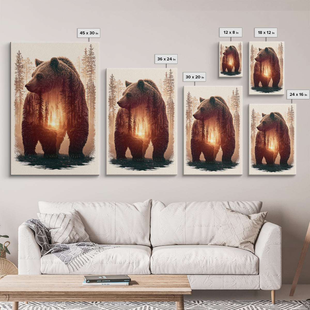 Bear Silhouette Among Pine Trees Canvas Print, Rustic Art, Gallery Decor, Farmhouse Decor, Fine Art, Rustic, Contemporary Art, RUS-2x3-15