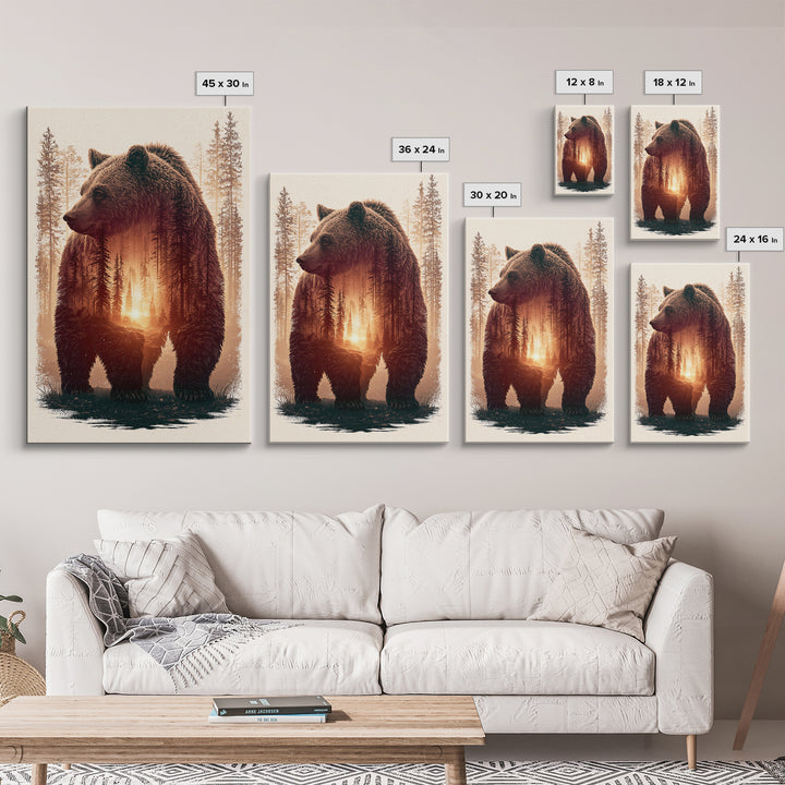 Bear Silhouette Among Pine Trees Canvas Print, Rustic Art, Gallery Decor, Farmhouse Decor, Fine Art, Rustic, Contemporary Art, RUS-2x3-15